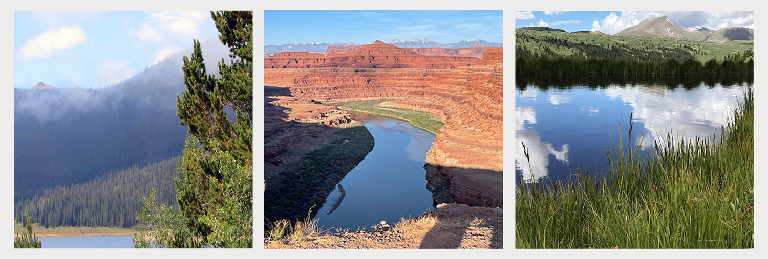 An image banner containing three pictures.  A Pikes Peak Watershed, the Colorado River, UT, and a high mountain lake in Colorado.