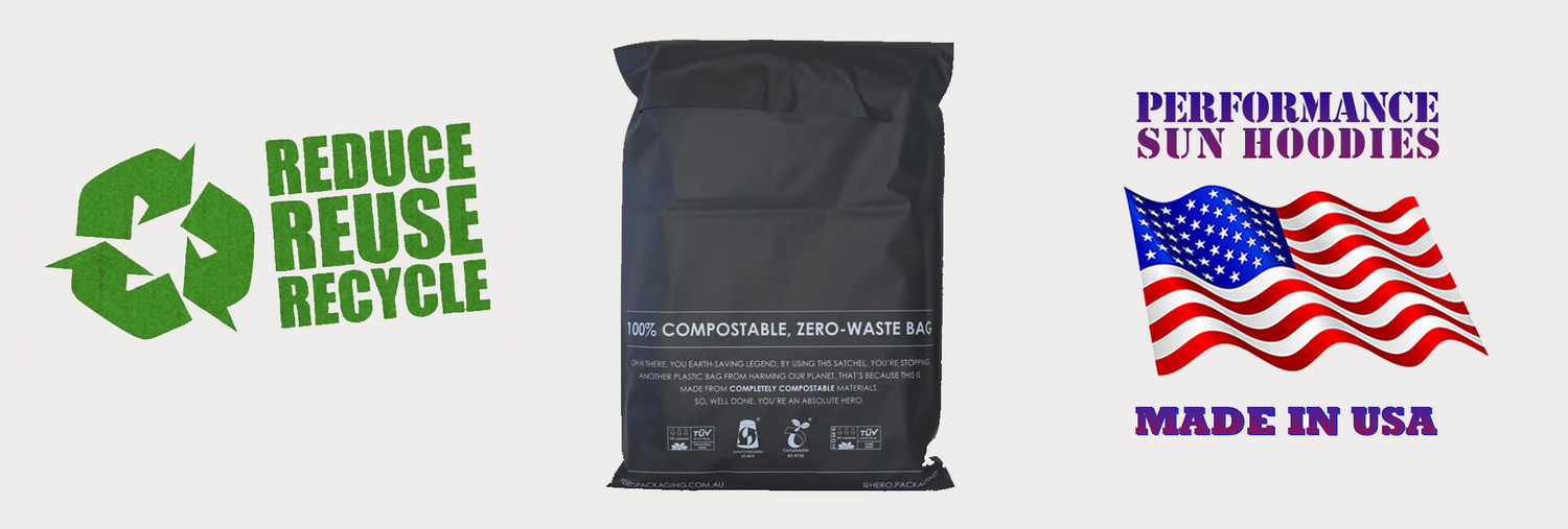 A banner promoting recycling, responsible shipping, and USA made products.  Headwater Canyon