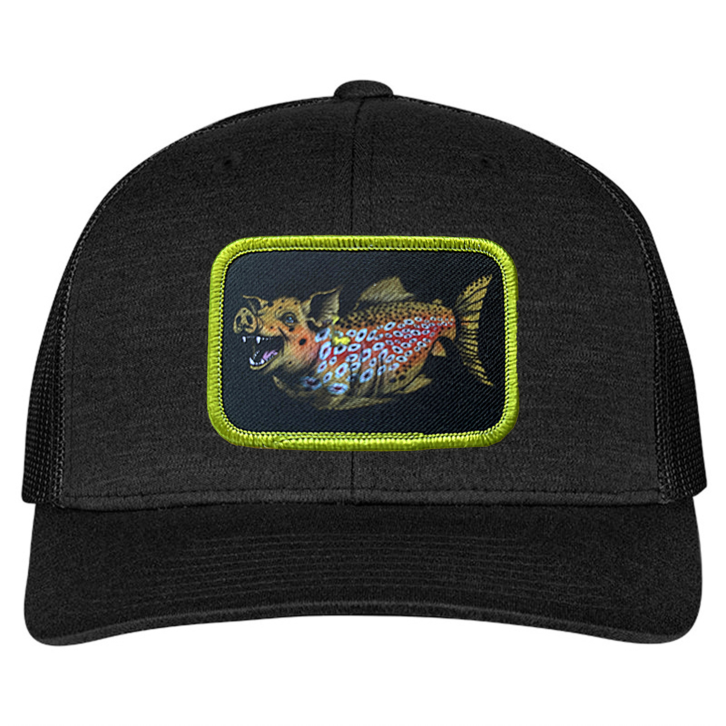 Black colored truck hat with Headwater Canyon Boss Hog Patch.  This cap depicts a trophy brown trout as a hog or pig.