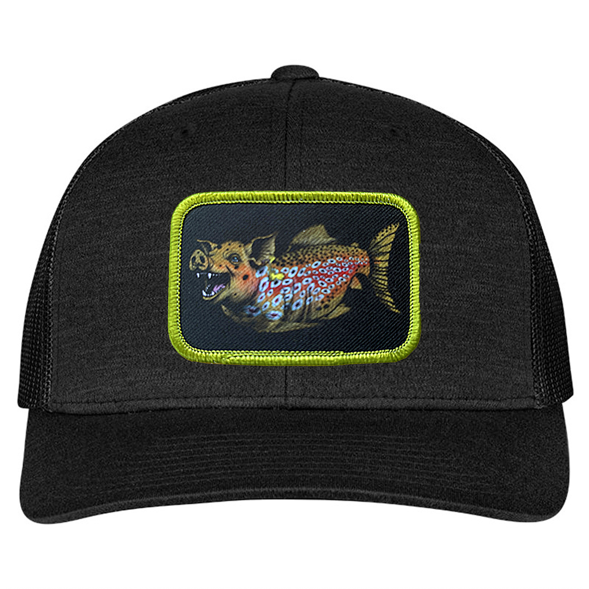 Black colored truck hat with Headwater Canyon Boss Hog Patch.  This cap depicts a trophy brown trout as a hog or pig.
