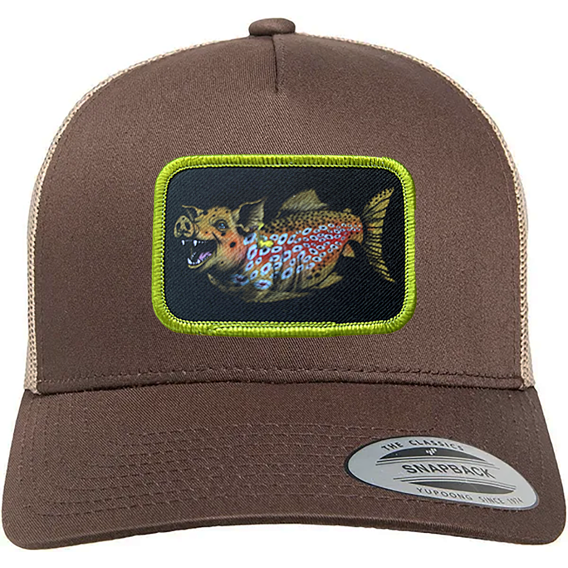 Coyote Brown colored truck hat with Headwater Canyon Boss Hog Patch.  This cap depicts a trophy brown trout as a hog or pig.
