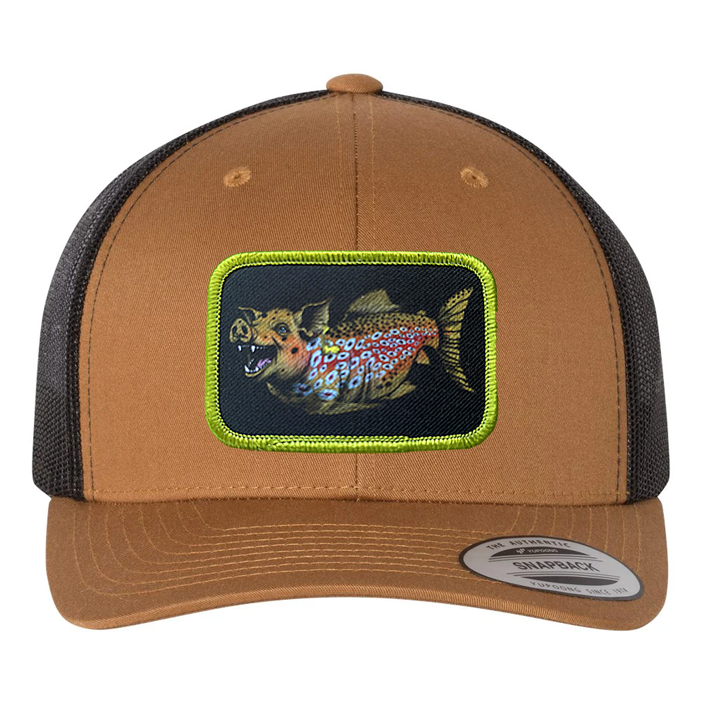 Caramel colored truck hat with Headwater Canyon Boss Hog Patch.  This cap depicts a trophy brown trout as a hog or pig.
