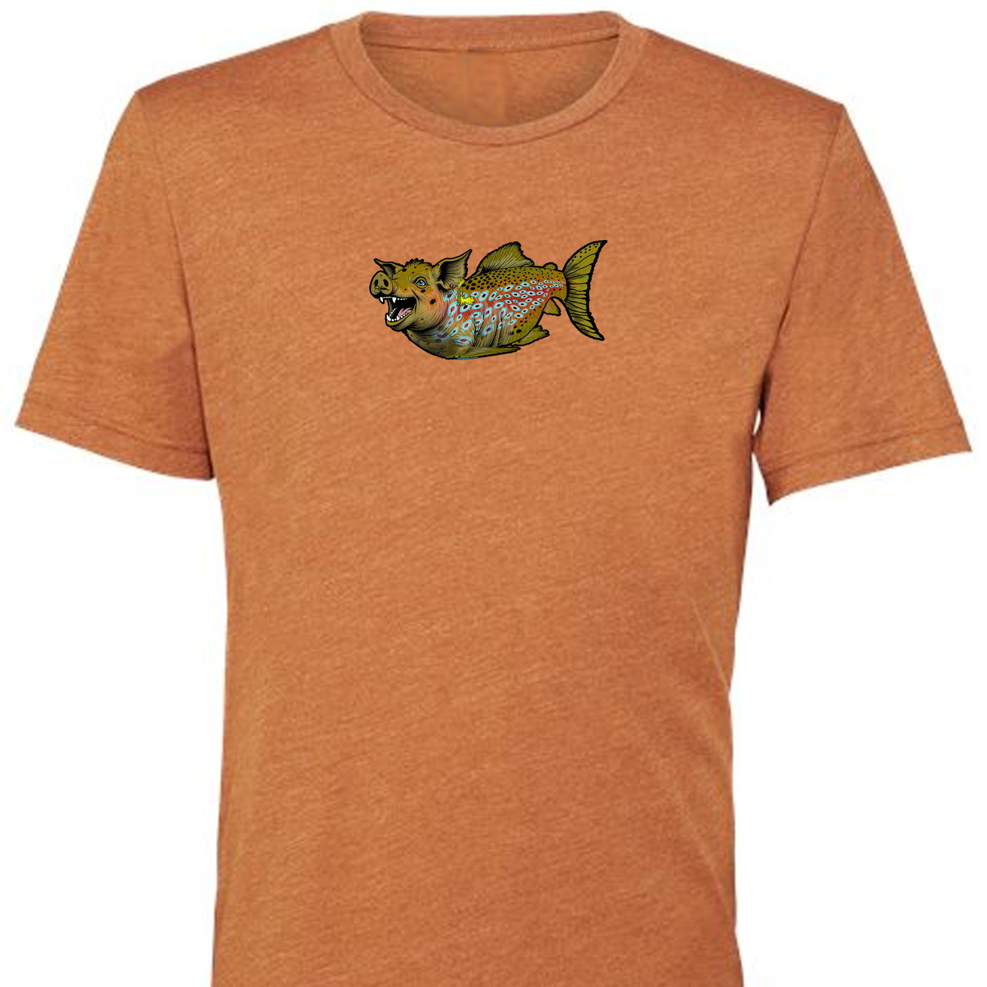 Rust colored t shirt for fly fishing.  The Headwater Canyon Boss Hog tee shirt features a trophy brown trout depicted as a hog or pig.