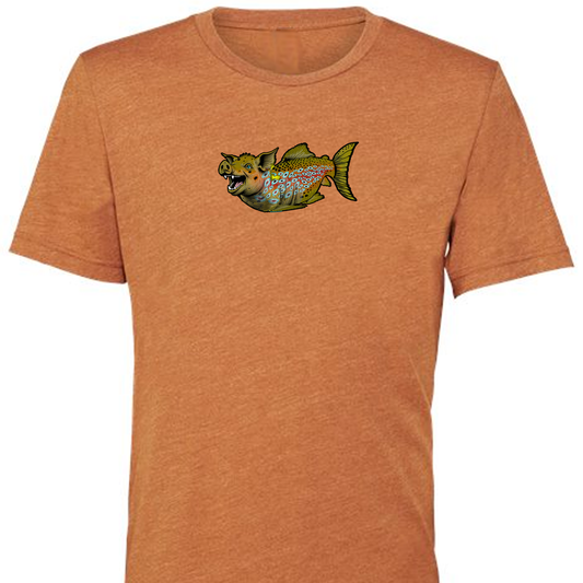 Rust colored t shirt for fly fishing.  The Headwater Canyon Boss Hog tee shirt features a trophy brown trout depicted as a hog or pig.