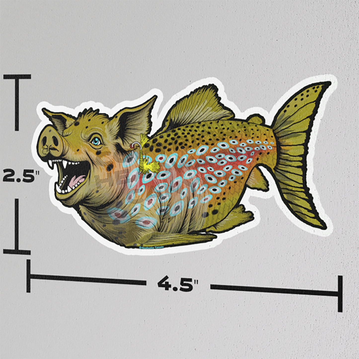 Picture of the Headwater Canyon Boss Hog fly fishing decal.  pig crossed with a brown trout trophy fish. Waterproof sticker.