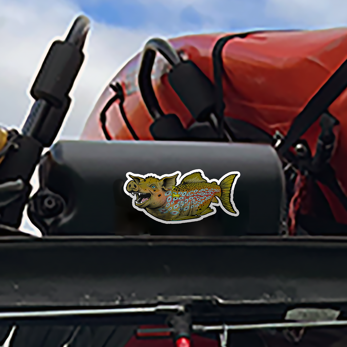 Picture of the Headwater Canyon Boss Hog fly fishing decal on a fly rod holder.  pig crossed with a brown trout trophy fish. Waterproof sticker.