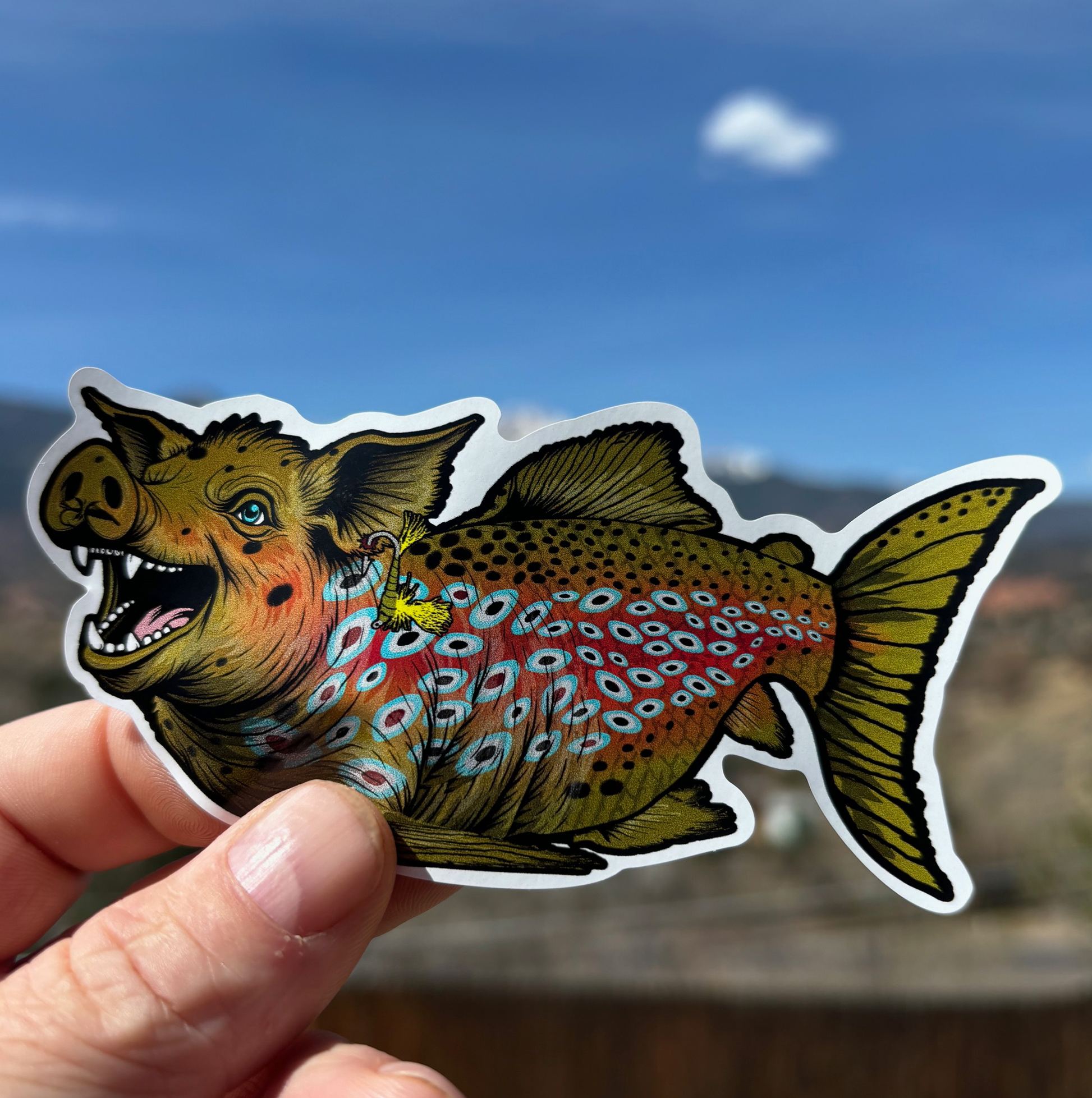 Picture of the Headwater Canyon Boss Hog fly fishing decal.  pig crossed with a brown trout trophy fish. Waterproof sticker.