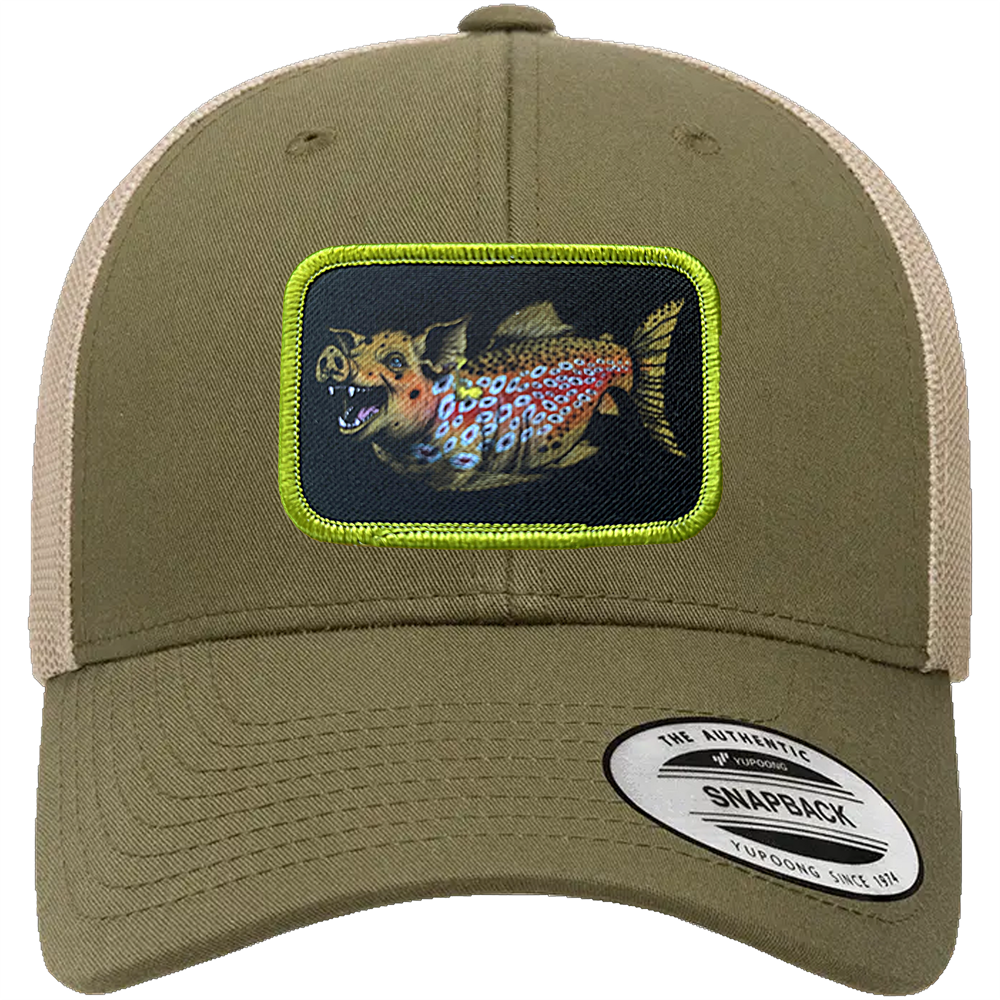 Moss colored truck hat with Headwater Canyon Boss Hog Patch.  This cap depicts a trophy brown trout as a hog or pig.