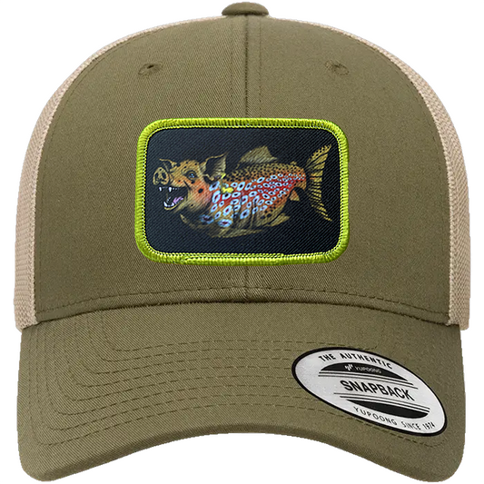 Moss colored truck hat with Headwater Canyon Boss Hog Patch.  This cap depicts a trophy brown trout as a hog or pig.
