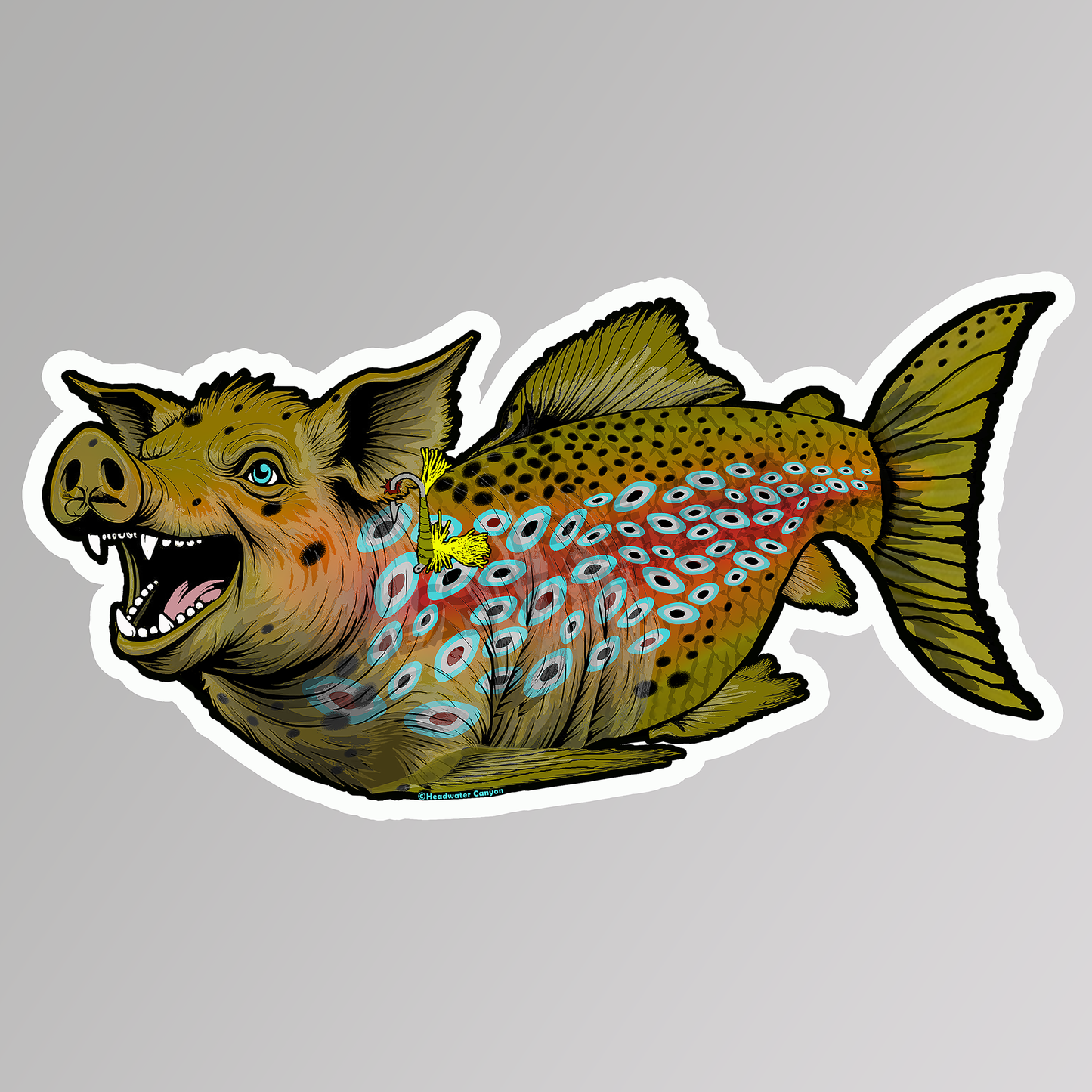 Picture of the Headwater Canyon Boss Hog fly fishing decal.  pig crossed with a brown trout trophy fish. Waterproof sticker.