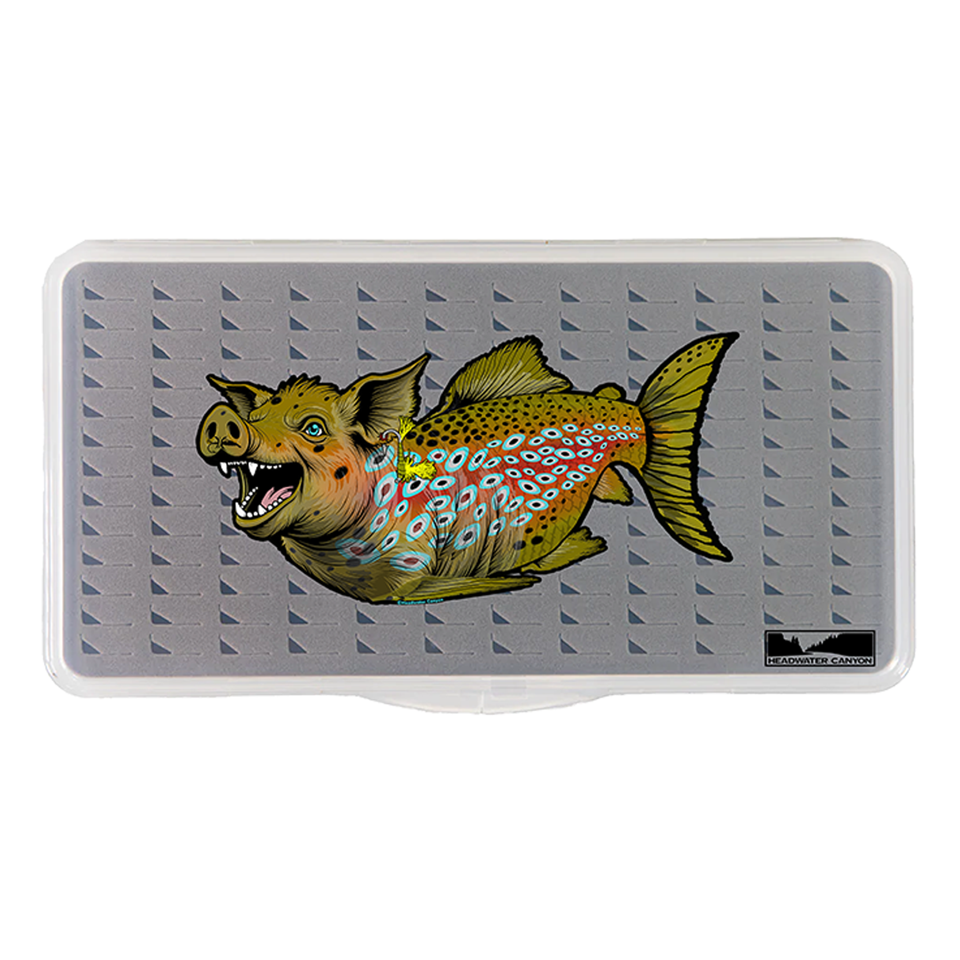 Headwater Canyon slim, large, tear drop foam fly fishing box with the Boss Hog trophy brown trout graphic.
