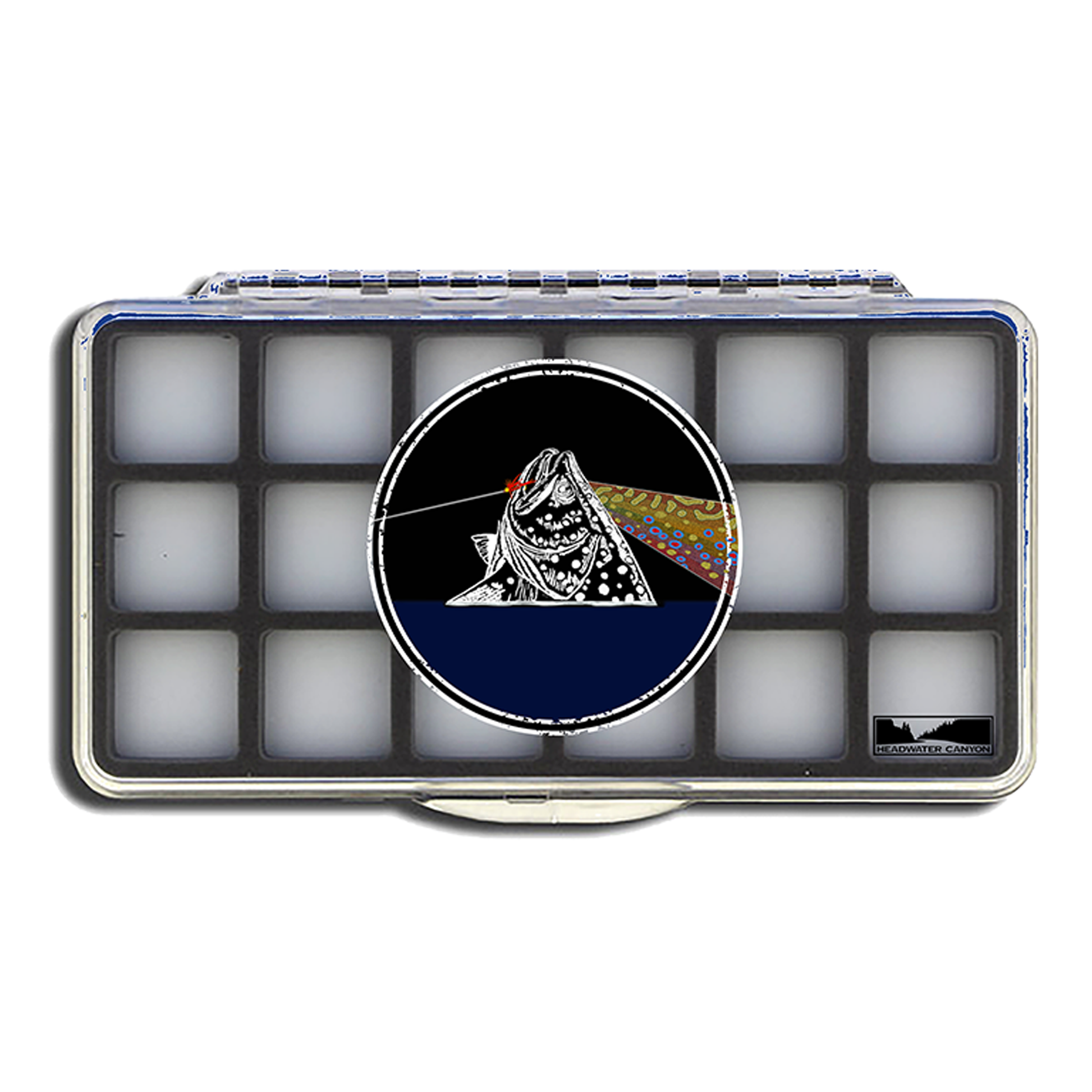 Headwater Canyon slim, magnetic, 18 compartment fly fishing box with the Fish You Were Here graphic.  Pink Floyd.