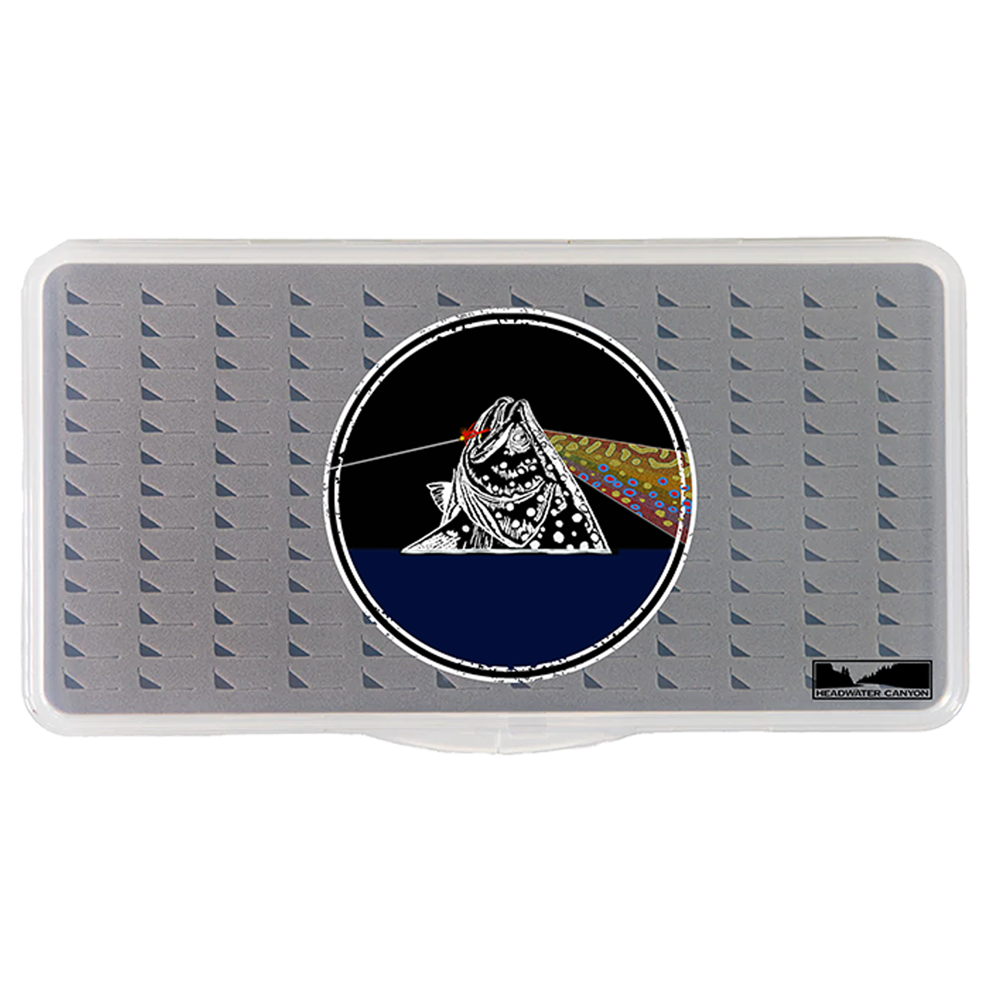 Headwater Canyon slim, large, tear drop foam fly fishing box with Fish You Were Here Graphic.  Pink Floyd