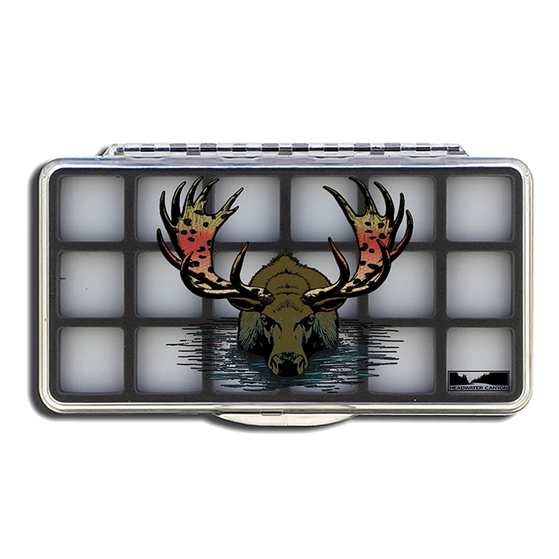 Headwater Canyon slim, magnetic, 18 compartment fly fishing box with Rainbull graphic.