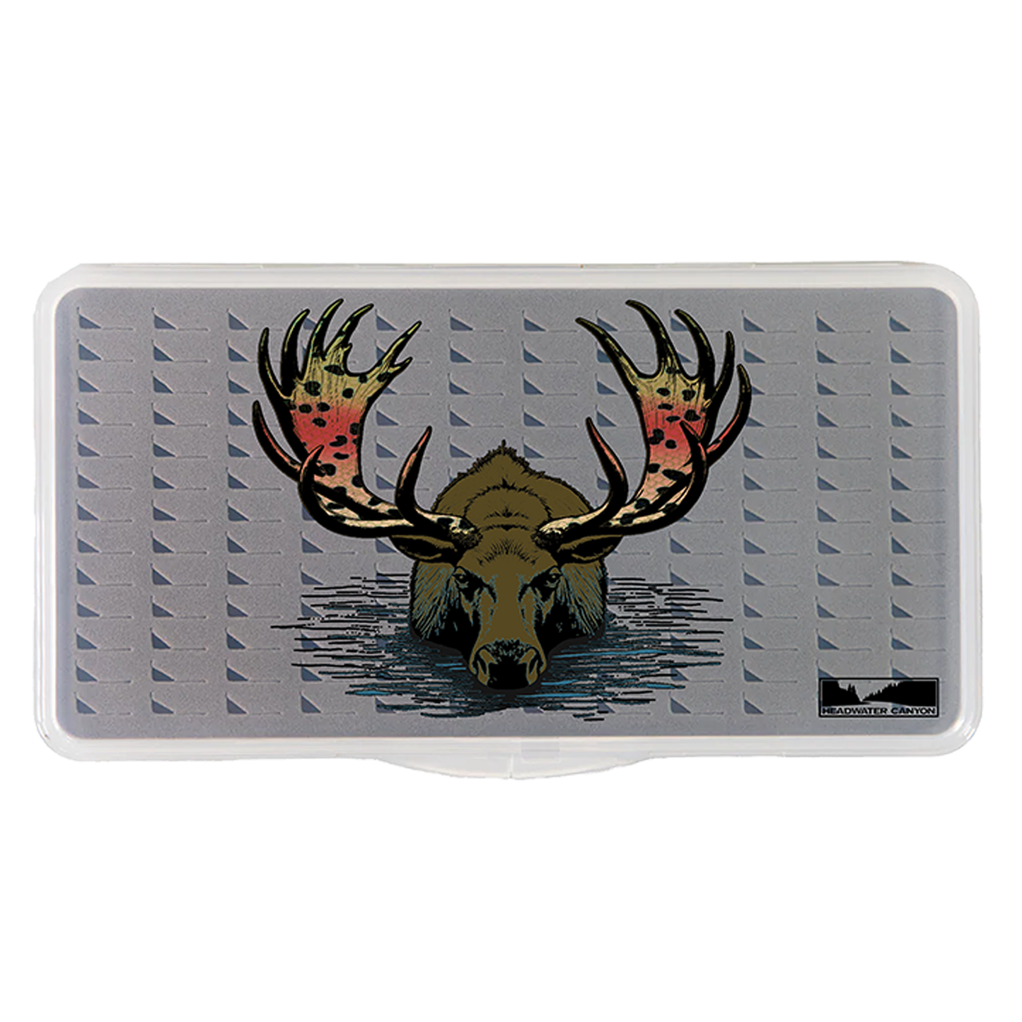 Headwater Canyon slim, large, tear drop foam fly fishing box with Rainbull graphic.