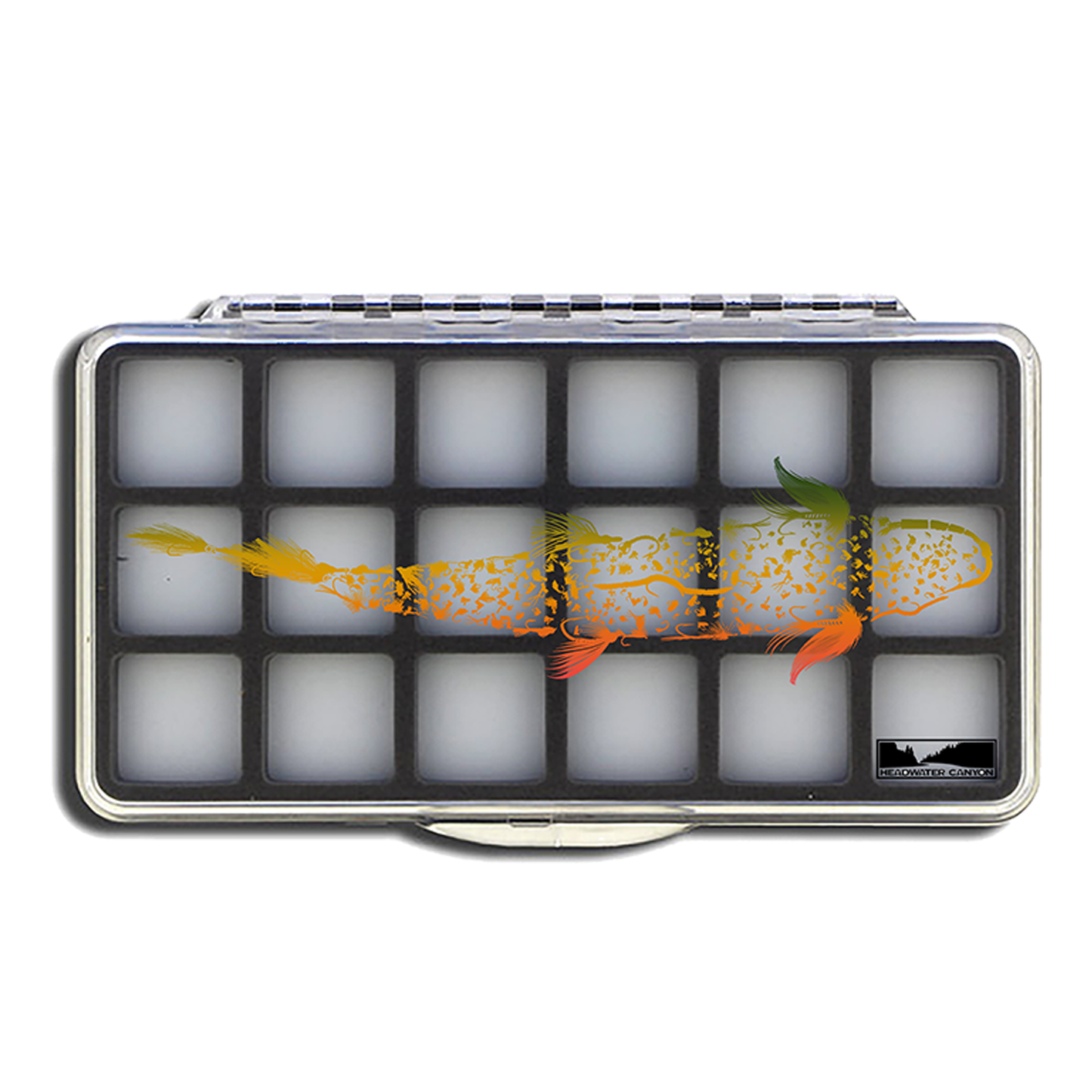 Headwater Canyon slim, magnetic, 18 compartment fly fishing box with the Trout Is Fly graphic.
