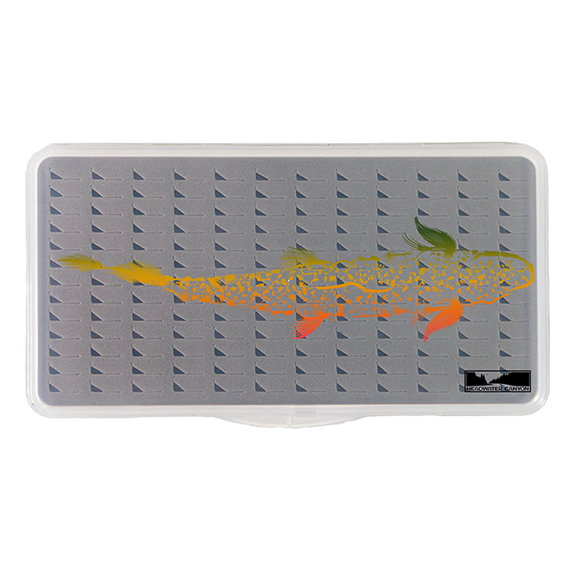 Headwater Canyon slim, large, tear drop foam fly fishing box with Trout Is Fly graphic.