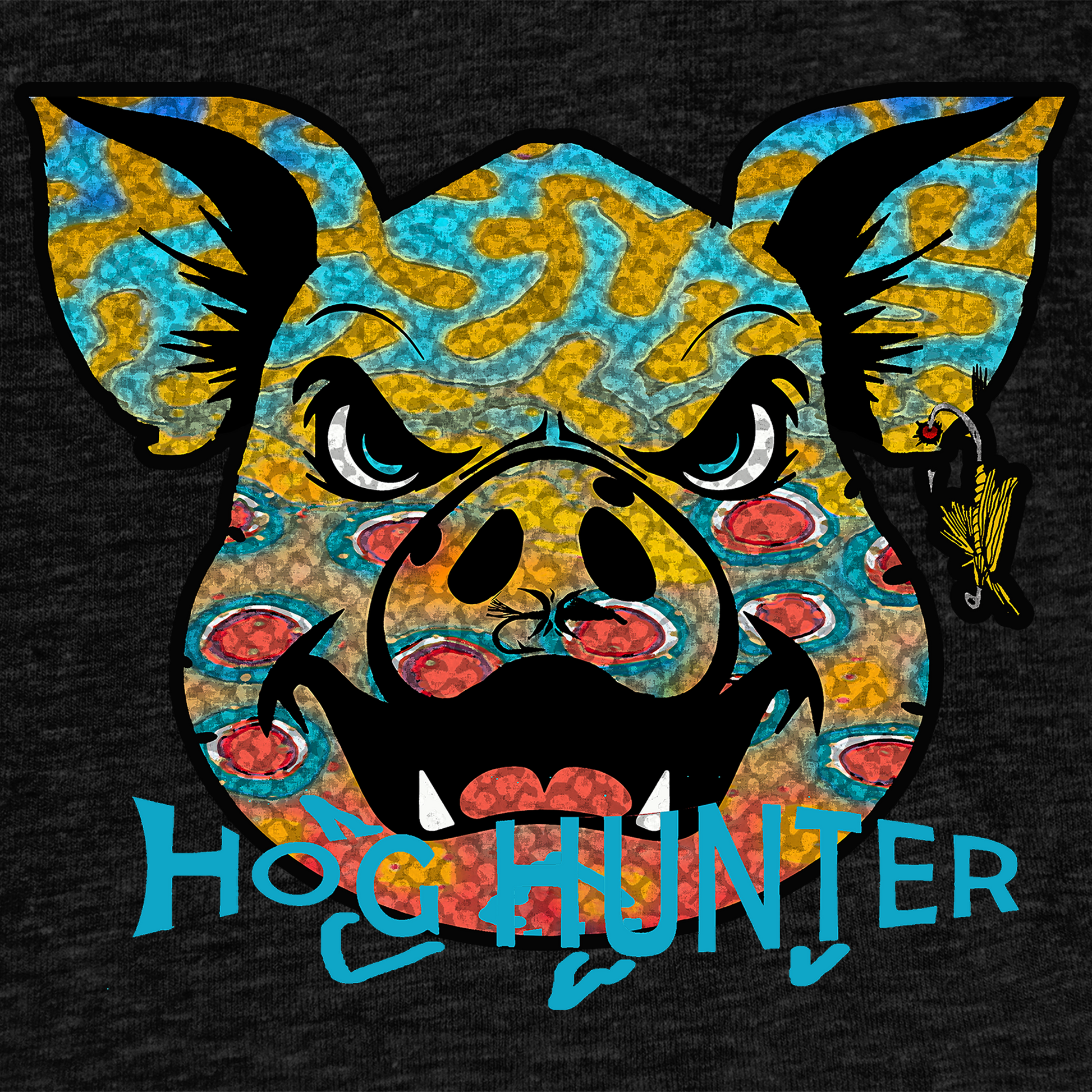 The Brookie Hog Hunter Tee Shirt features the Headwater Hog in a rainbow trout pattern.  Fly fishing t shirt in black.