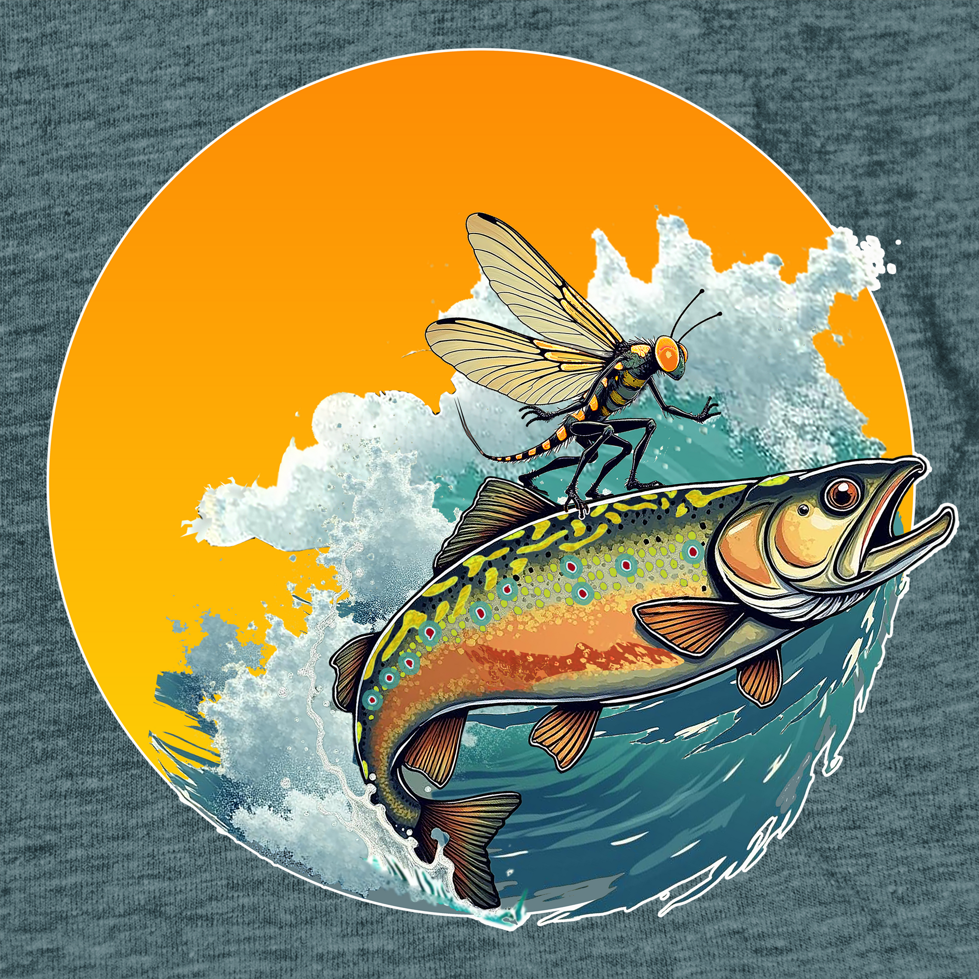 The Brook Surfing t shirt by Headwater Canyon.  Fly fishing tee shirt close up.
