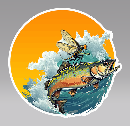 Fly fishing vinyl decal depicts a mayfly surfing on a brook trout.