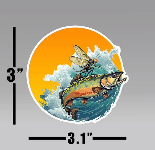 Fly fishing vinyl decal depicts a mayfly surfing on a brook trout. 3"X3.1" Sticker