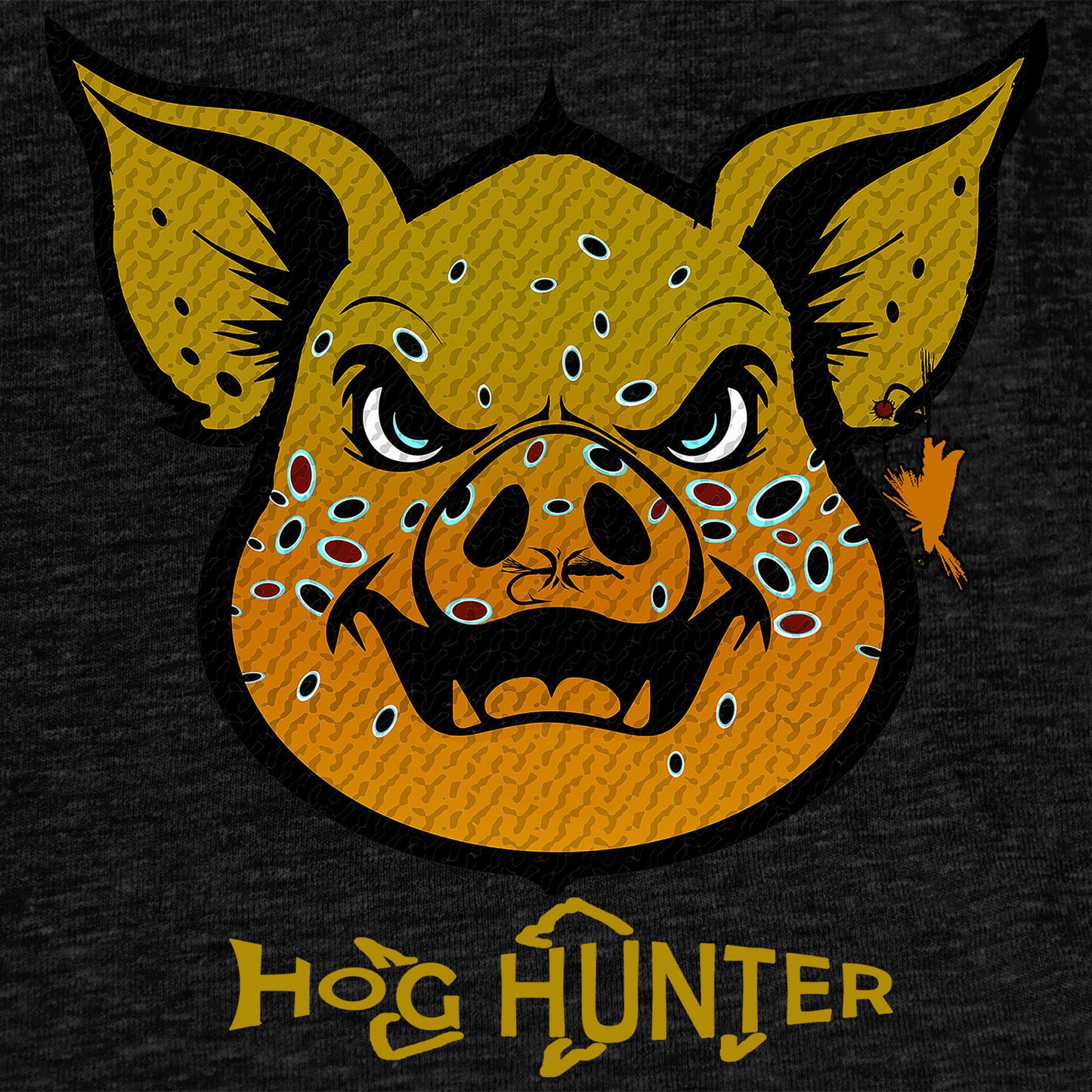 The Brown Hog Hunter Tee Shirt features the Headwater Hog in a brown trout pattern.  Fly fishing t shirt in black.
