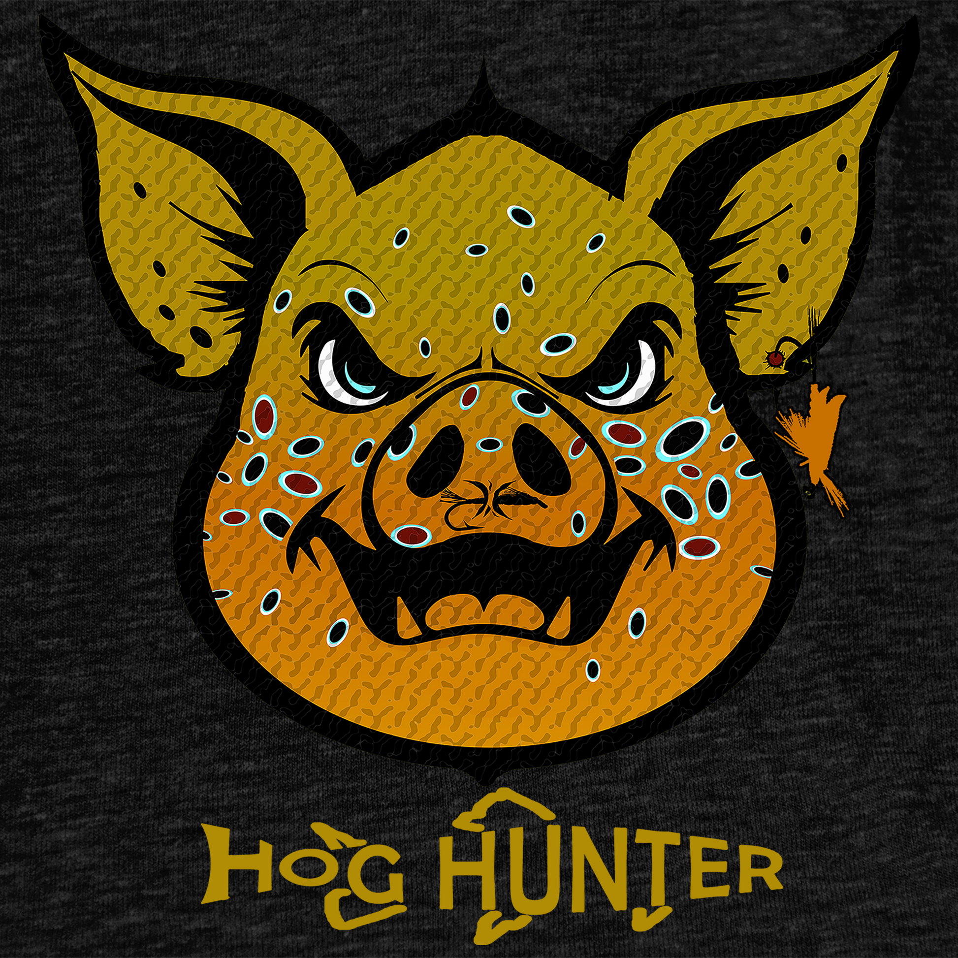 The Brown Hog Hunter Tee Shirt features the Headwater Hog in a brown trout pattern.  Fly fishing t shirt in black.