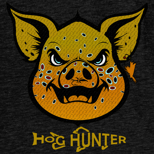 The Brown Hog Hunter Tee Shirt features the Headwater Hog in a brown trout pattern.  Fly fishing t shirt in black.