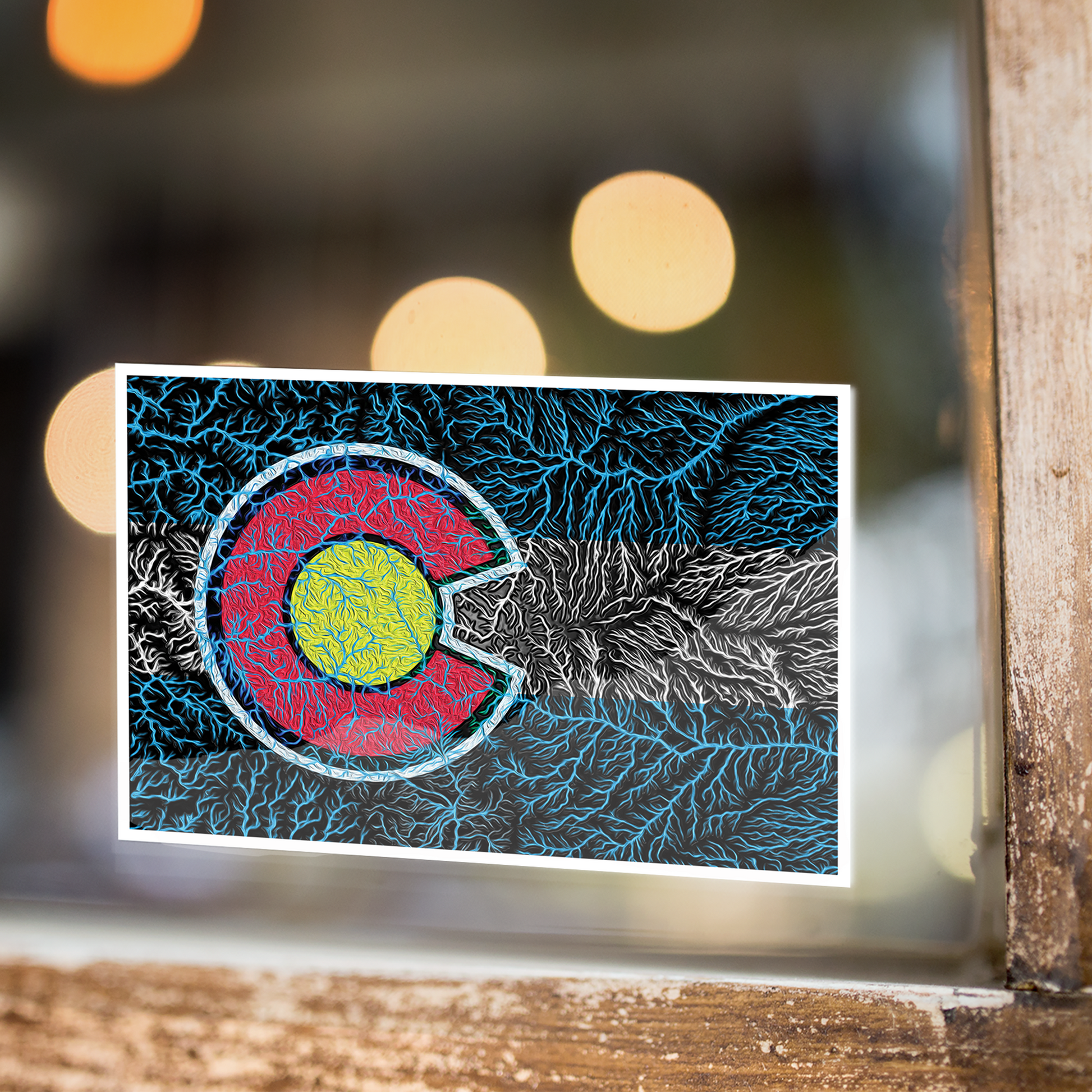 Colorado Watersheds vinyl decal.  Displayed in a store window.