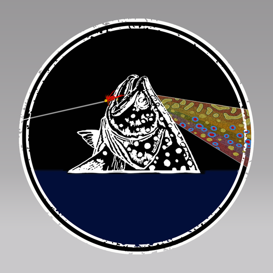 Fly fishing decal.  The Fish You Were Here vinyl sticker features a fish being caught in a style that pays tribute to Pink Floyd.
