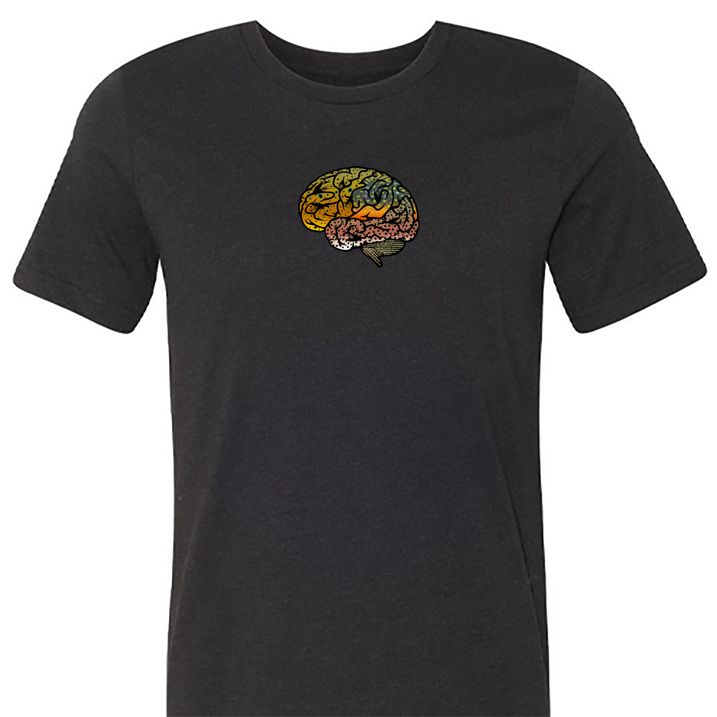Black fly fishing t shirt. Photo of Headwater Canyon Fish Brain tee featuring a human brain with trout patterns.