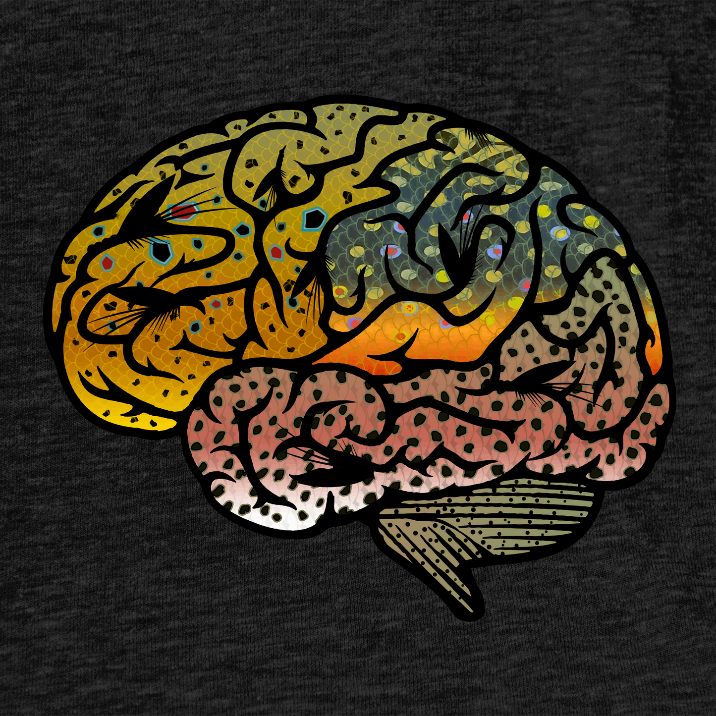Black fly fishing t shirt. Photo of Headwater Canyon Fish Brain tee featuring a human brain with trout patterns.  Close up grapphic