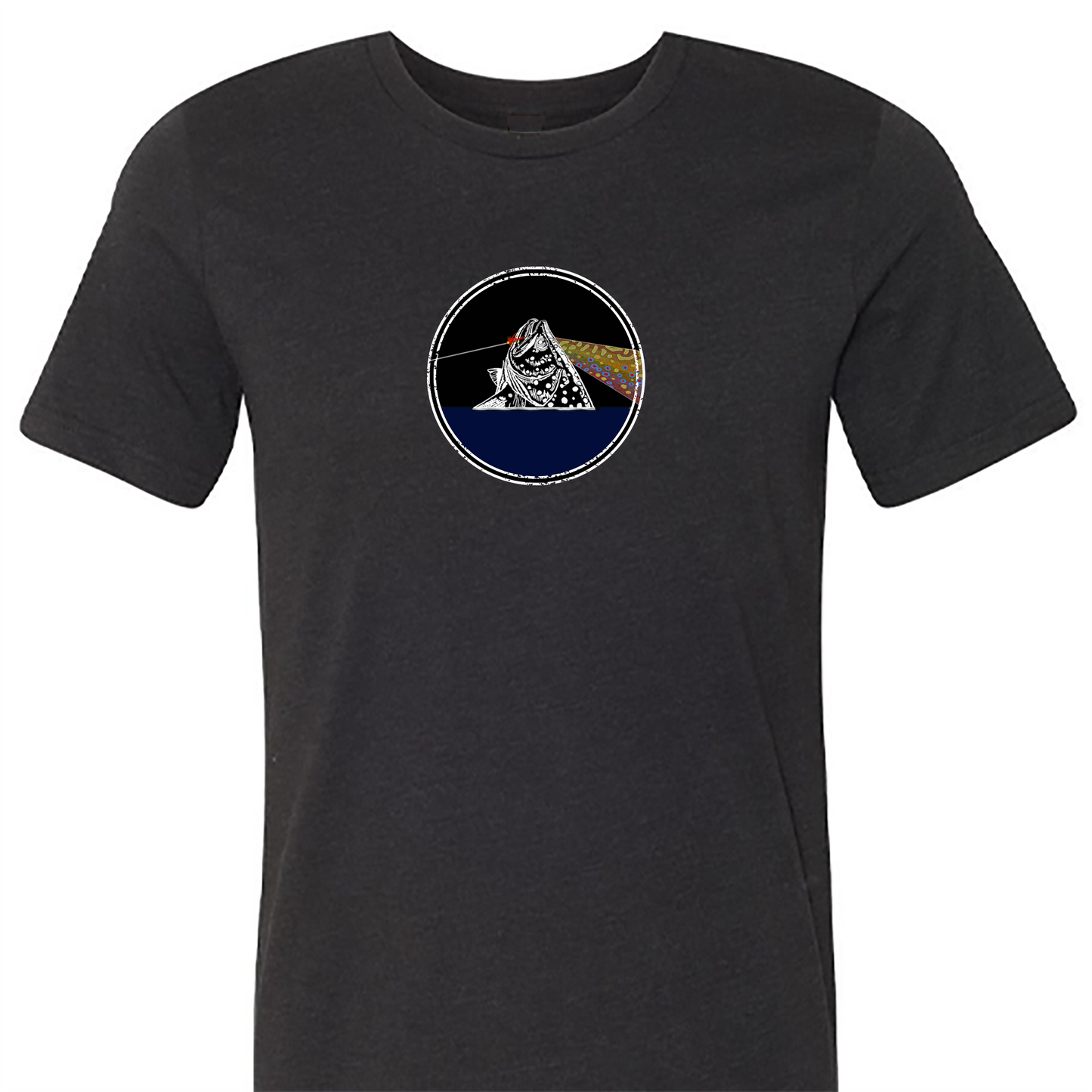 Black t shirt for fly fishing.  The Headwater Canyon Fish You Were Here tee shirt features a fly fishing line catching a trout.  Pink Floyd. Dark Side of the Moon shirt.