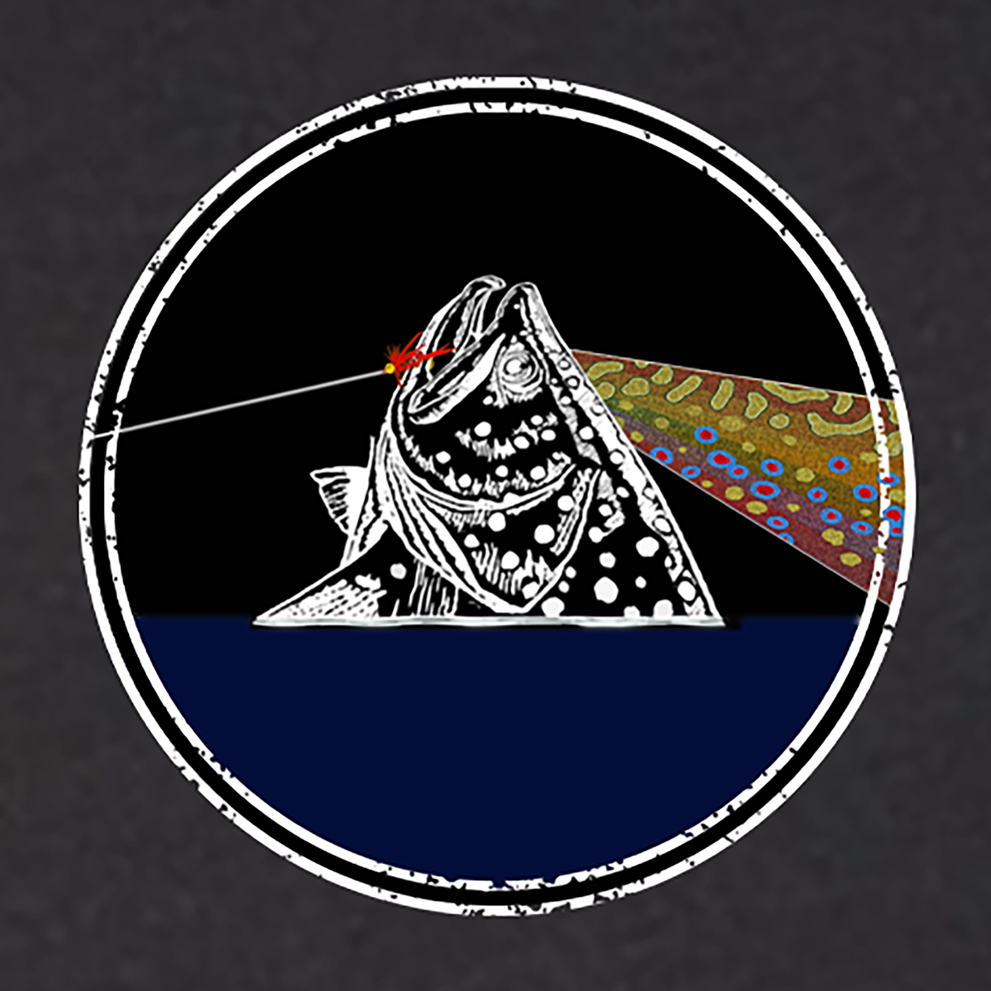 Black t shirt for fly fishing.  The Headwater Canyon Fish You Were Here tee shirt features a fly fishing line catching a trout.  Pink Floyd. Dark Side of the Moon shirt.A Pink Floyd trout fly fishing t shirt close up.