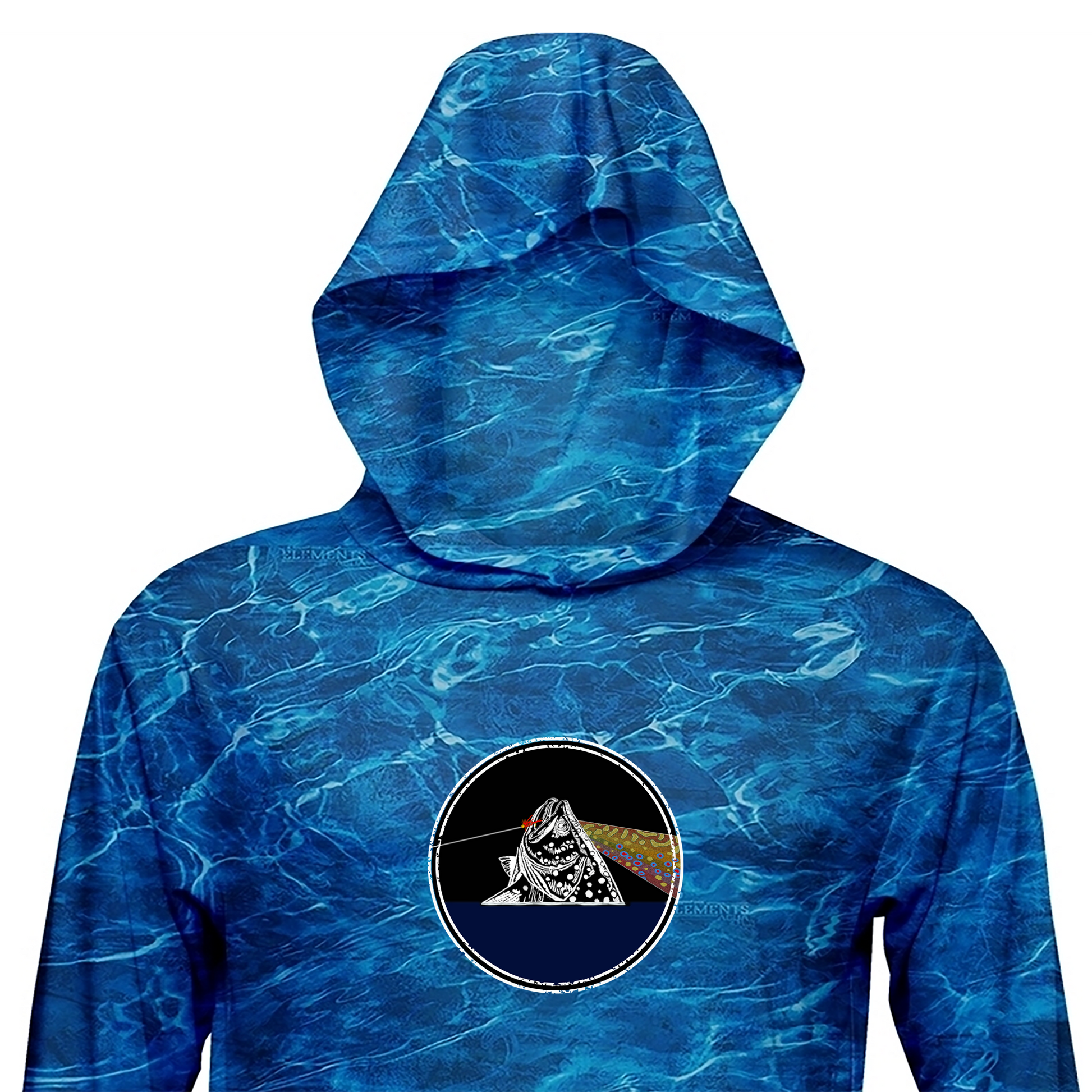 Mossy Oak Blue Sun Hoodie for fly fishing.  The Headwater Canyon Fish You Were Here sun protection hooded performance shirt features a fly fishing line catching a trout.  Pink Floyd.