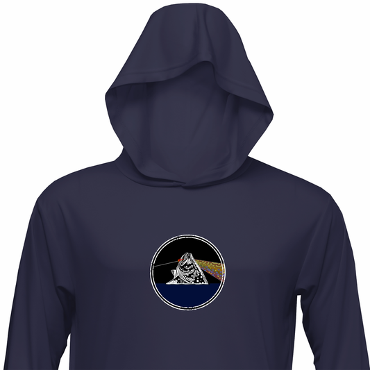 Dark Navy Blue Sun Hoodie for fly fishing.  The Headwater Canyon Fish You Were Here sun protection hooded performance shirt features a fly fishing line catching a trout.  Pink Floyd Dark Side of the Moon Close Up Hoodie.