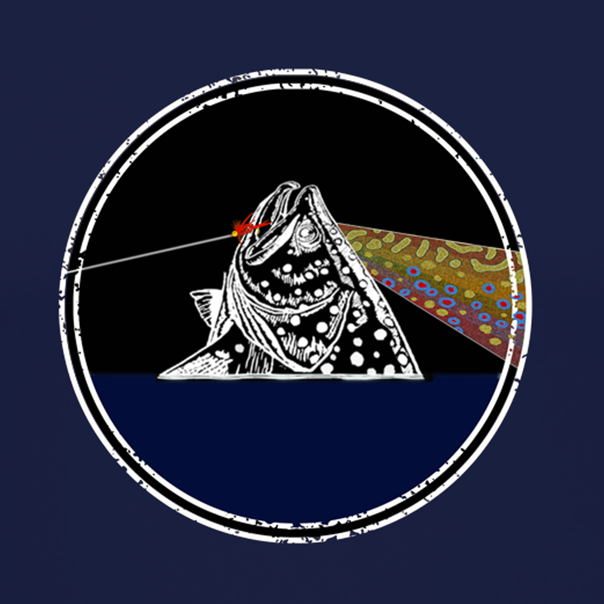 Dark Navy Blue Sun Hoodie for fly fishing.  The Headwater Canyon Fish You Were Here sun protection hooded performance shirt features a fly fishing line catching a trout.  Pink Floyd Dark Side of the Moon Close Up Hoodie.