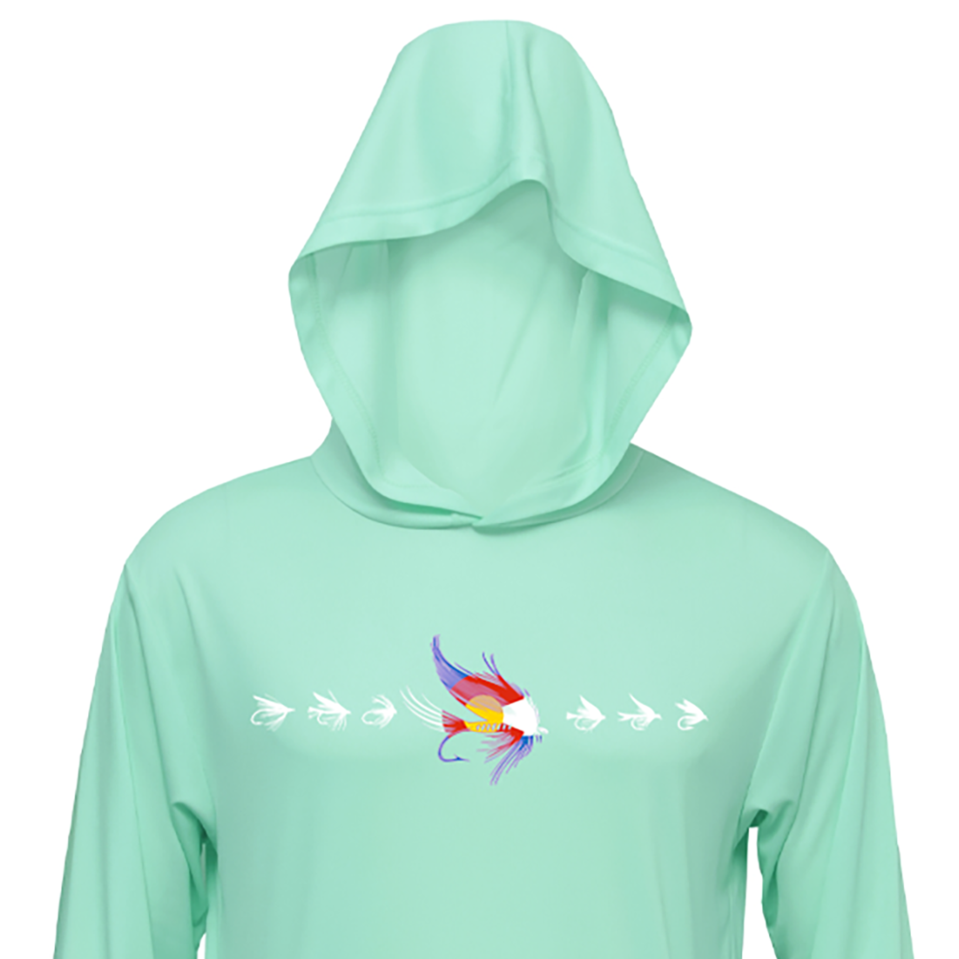 Fly fishing sun hoodie.  Seafoam color women's sun hoodie with Colorado Flag and fishing fly  patterns.  Fly CO Hoodie.