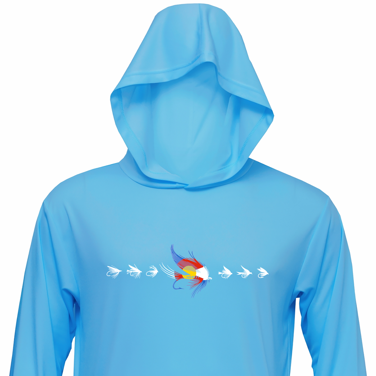 Fly fishing sun hoodie in Sky Blue color.  The Headwater Canyon sun protection hooded shirt features fishing flies with the Colorado flag colors.