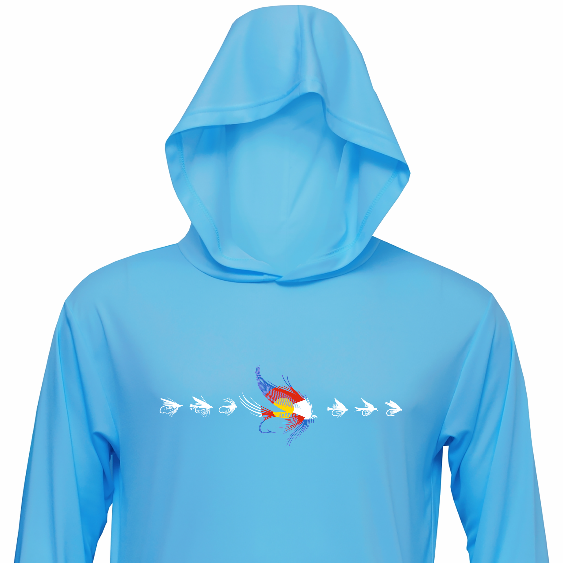 Fly fishing sun hoodie in Sky Blue color.  The Headwater Canyon sun protection hooded shirt features fishing flies with the Colorado flag colors.