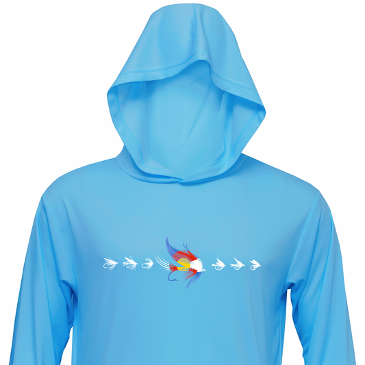 Fly fishing sun hoodie in Sky Blue color.  The Headwater Canyon sun protection hooded shirt features fishing flies with the Colorado flag colors.