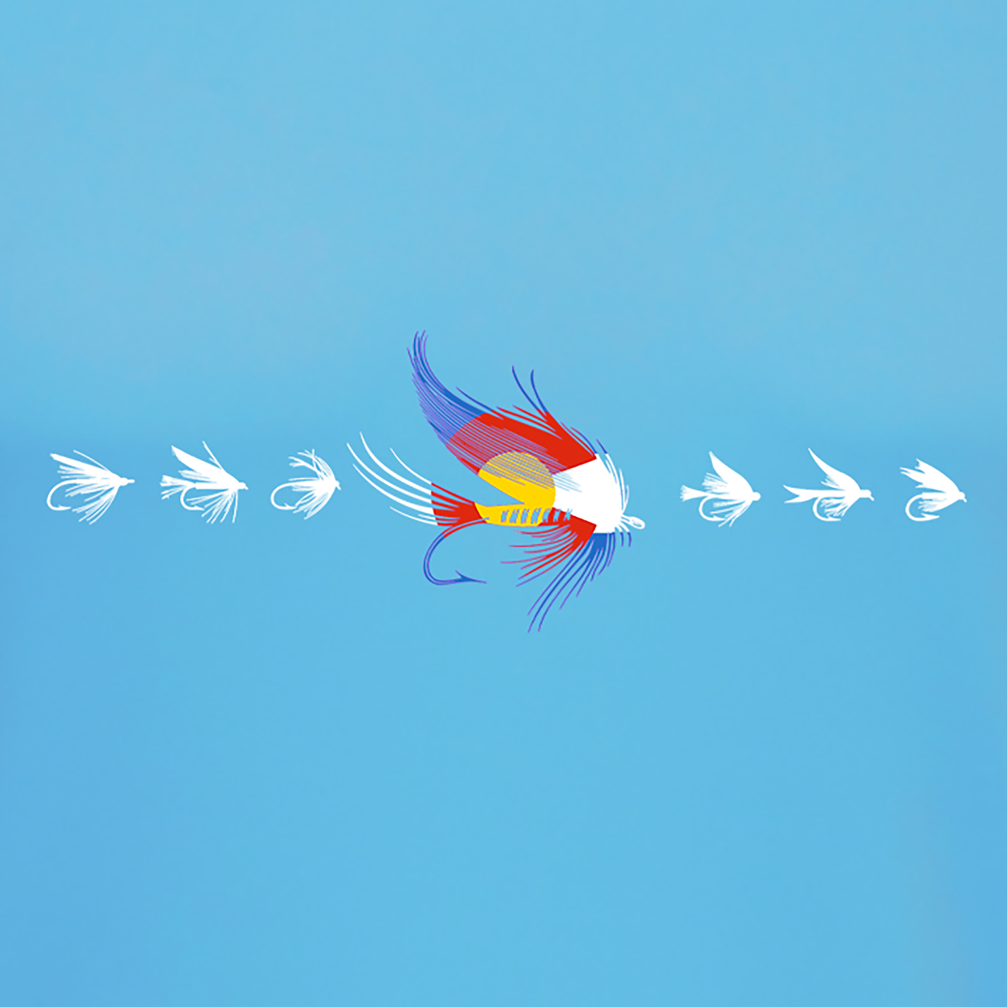 Fly fishing sun hoodie in Sky Blue color.  The Headwater Canyon sun protection hooded shirt features fishing flies with the Colorado flag colors.  Fly CO Performance Hooded fishing shirt.