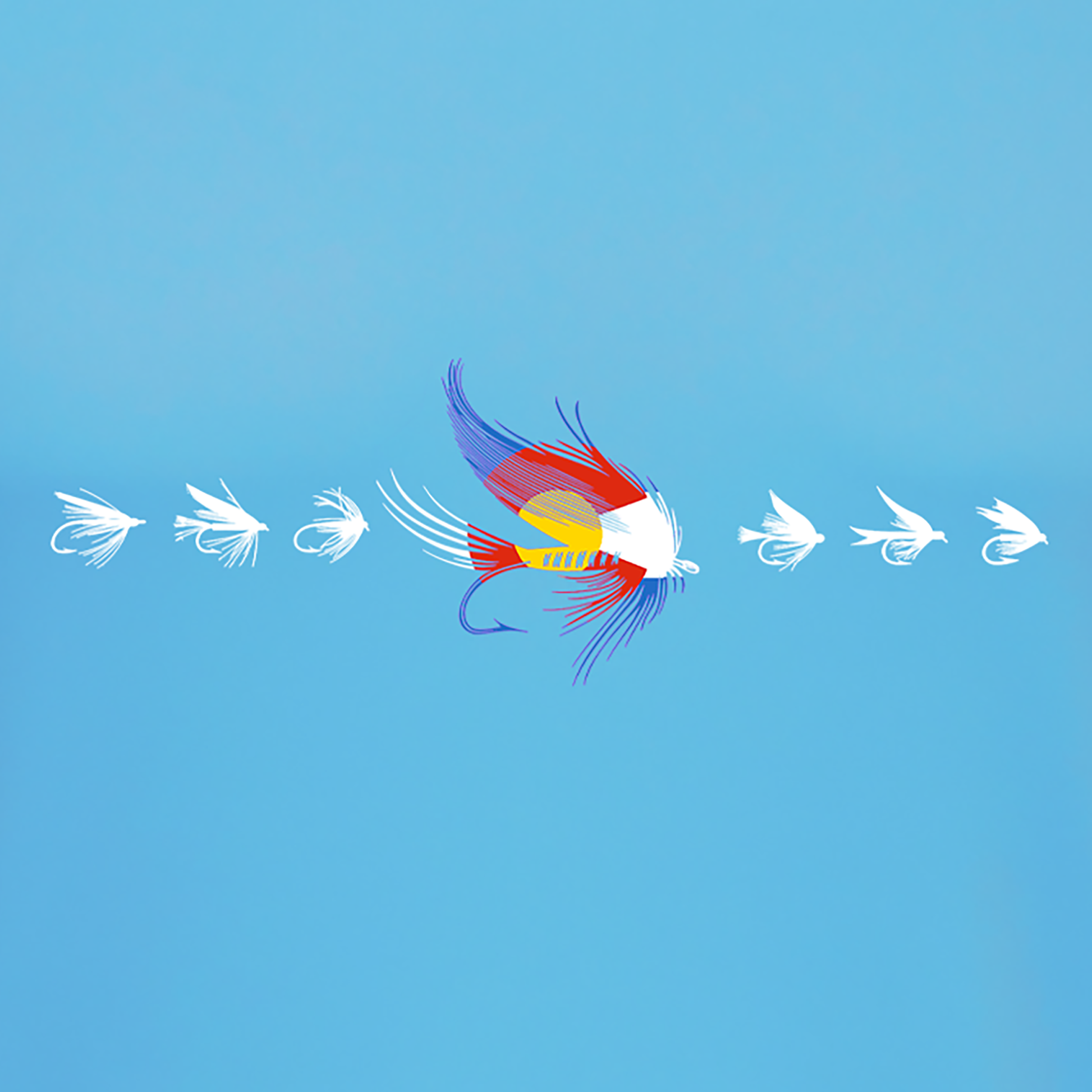 Fly fishing sun hoodie in Sky Blue color.  The Headwater Canyon sun protection hooded shirt features fishing flies with the Colorado flag colors.  Fly CO Performance Hooded fishing shirt.