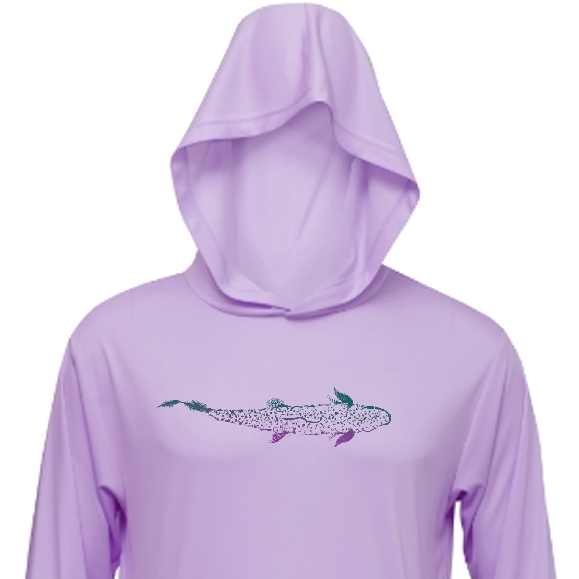 Fly fishing sun hoodie.  Lavender women's sun hoodie with trout pattern.  Trout is Fly Hoodie.