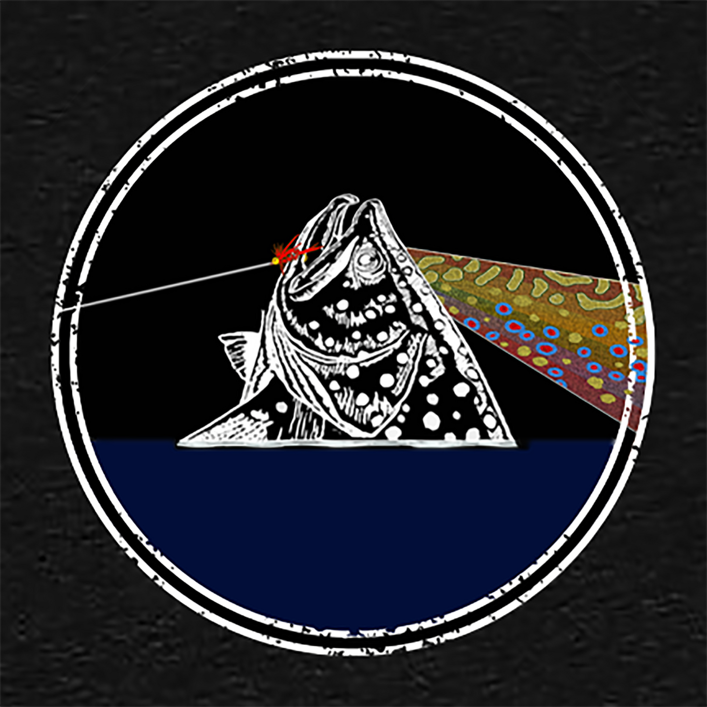 Close up of Women's fly fishing t shirt.  Black colored women's tee.  Fish You Were Here Tee by Headwater Canyon.  Fly fishing shirt depicts Pink Floyd Dark Side of the Moon t shirt.