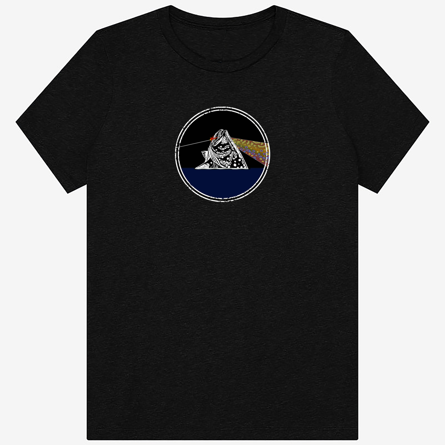 Women's fly fishing t shirt.  Black colored women's tee.  Fish You Were Here Tee by Headwater Canyon.  Fly fishing shirt depicts Pink Floyd Dark Side of the Moon t shirt.
