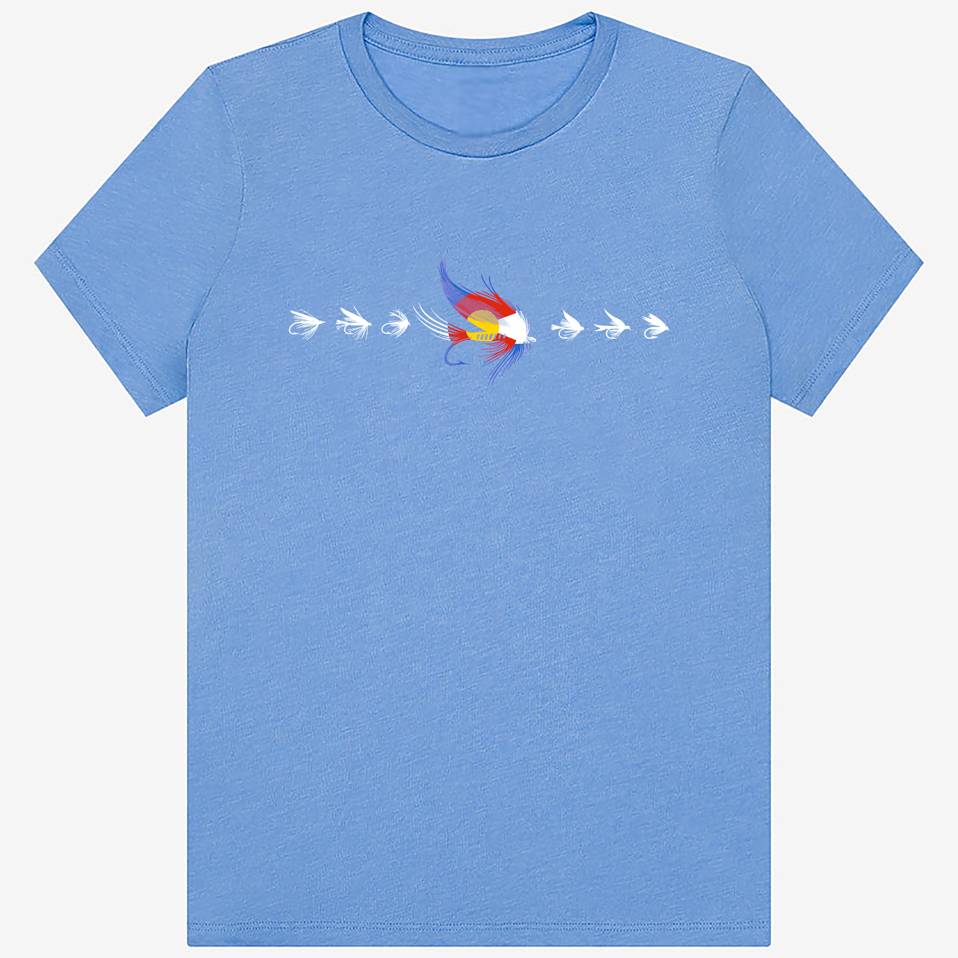 Women's fly fishing t shirt.  Colorado blue colored women's tee.  The Fly CO Tee by Headwater Canyon.  Fly fishing shirt depicts a number of fishing flies with the Colorado flag colors.