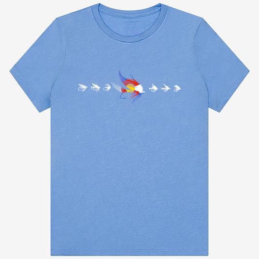 Women's fly fishing t shirt.  Colorado blue colored women's tee.  The Fly CO Tee by Headwater Canyon.  Fly fishing shirt depicts a number of fishing flies with the Colorado flag colors.