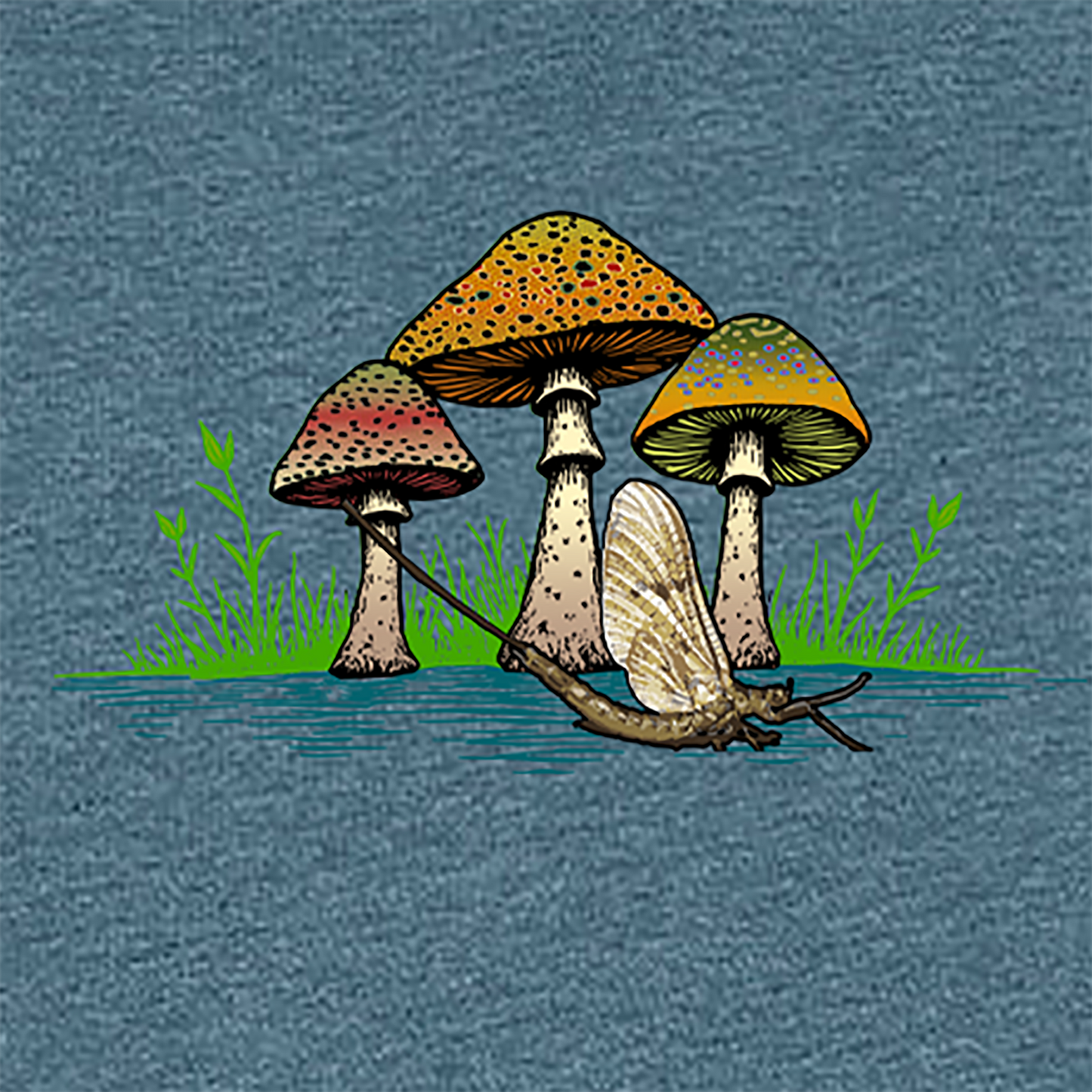 Women's fly fishing t shirt.  Deep Teal colored women's tee.  The Seems Fishy Tee by Headwater Canyon.  Fly fishing shirt depicts three mushrooms with trout patterns behind a mayfly.