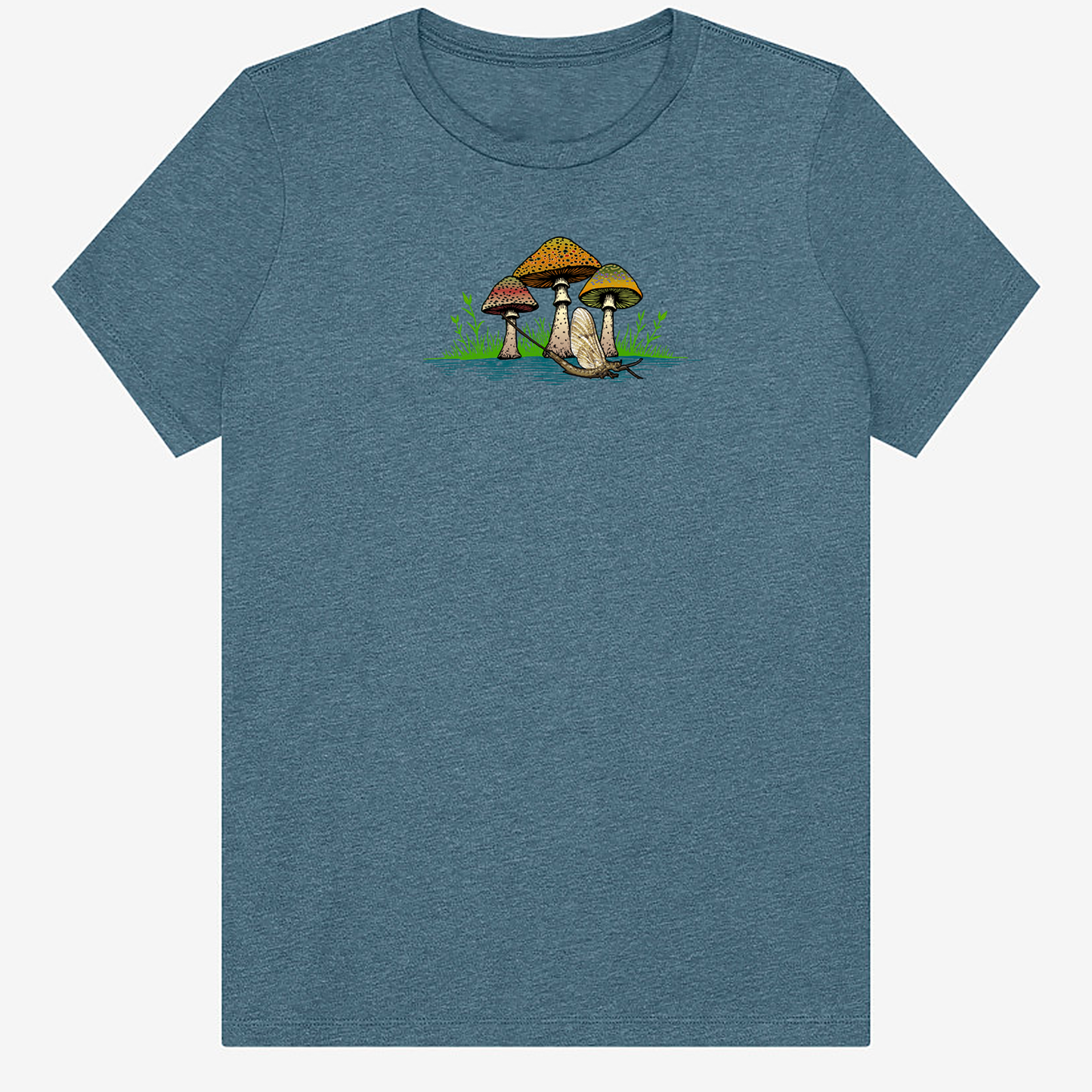 Women's fly fishing t shirt.  Deep Teal colored women's tee.  The Seems Fishy Tee by Headwater Canyon.  Fly fishing shirt depicts three mushrooms with trout patterns behind a mayfly.
